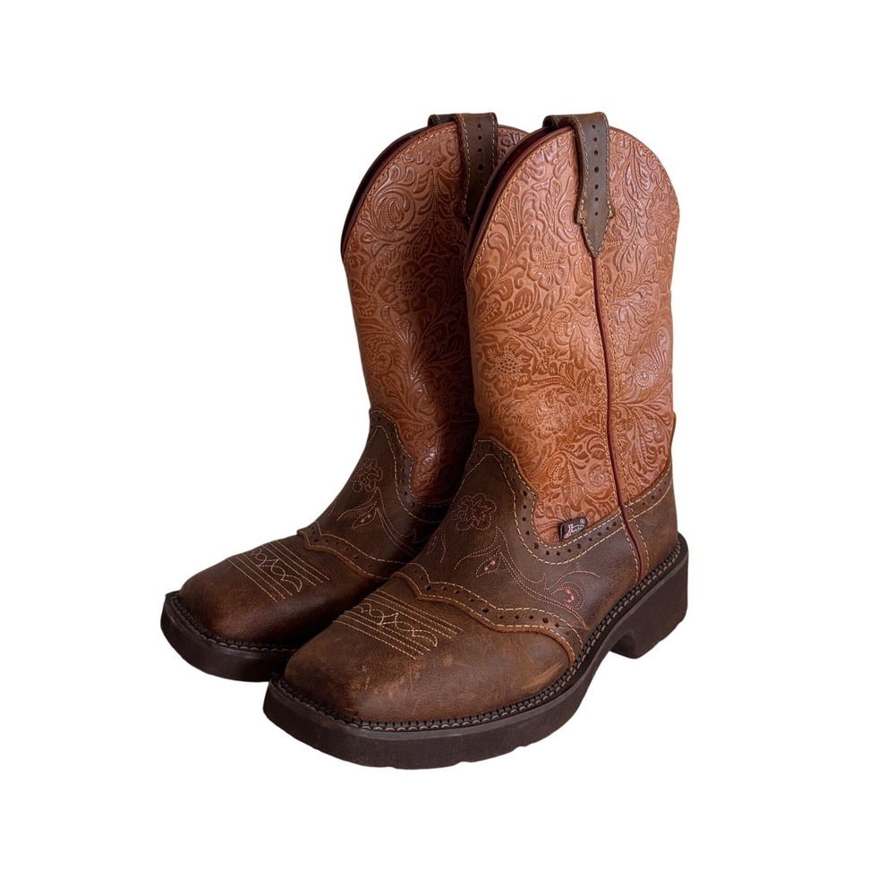 Justin Gypsy Womens Brown Leather Floral Embossed Western Boots GY9530 Size 10B